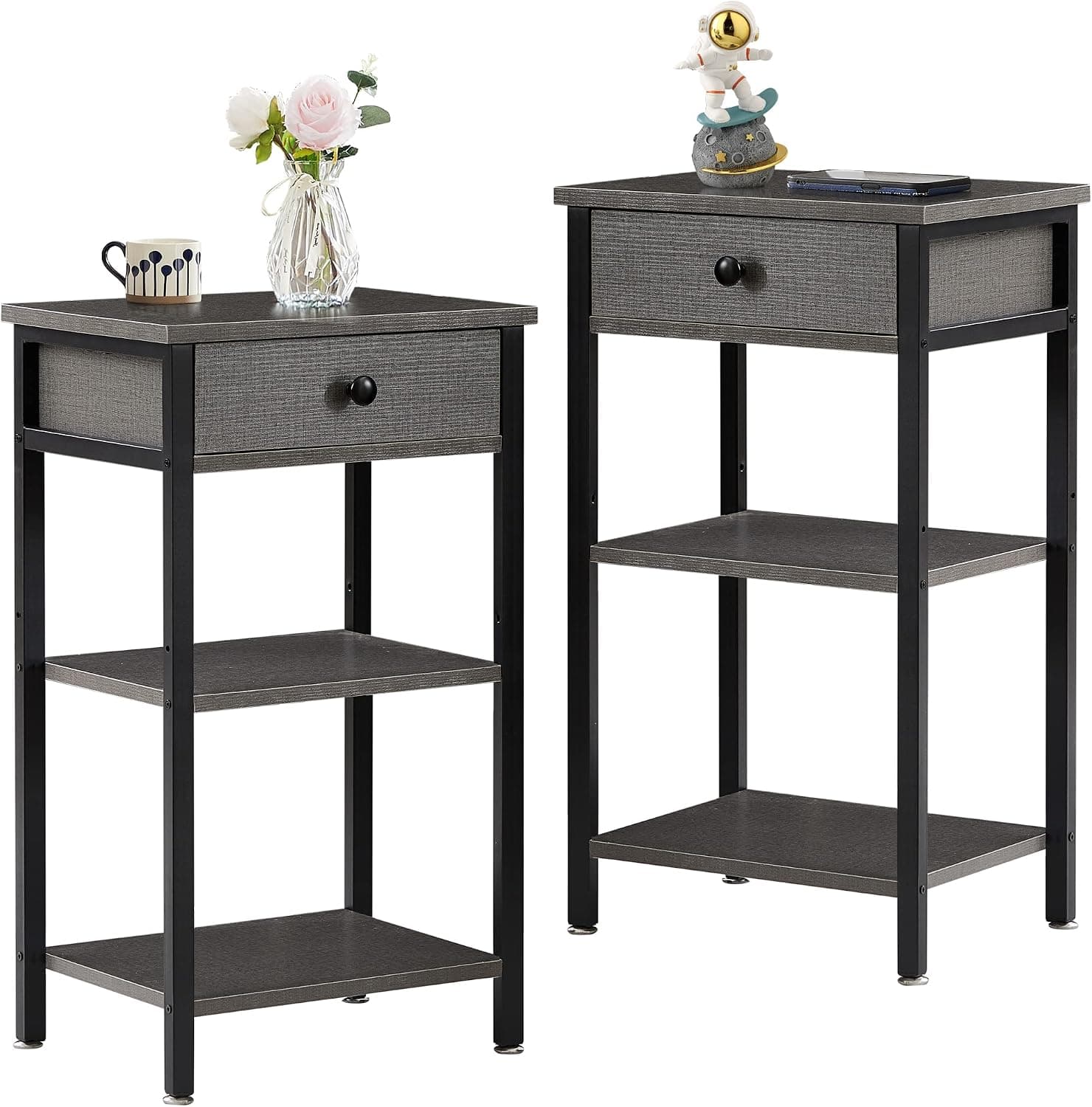 VECELO Modern, Tall Nightstands Set of 2 with 3-Layer Storage Small Spaces, Living Room,Easy Assembly,Hemp Gray, End Table with Shelf