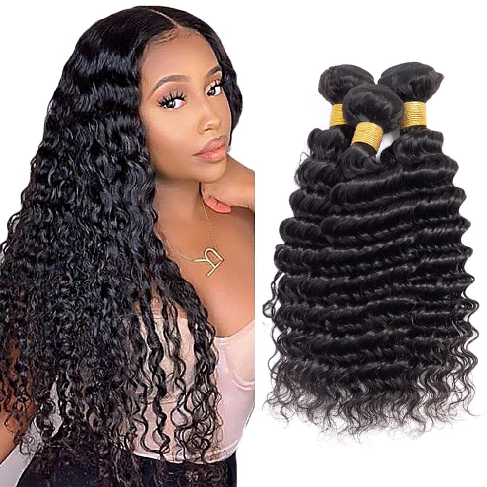 Deep Wave Hair Bundles Human Hair 8A Grade Brazilian Remy Hair 3 Bundles 10 12 14 Inch Wet and Wavy Bundle Human Hair Peruvian Deep Bundles Natural Black Color