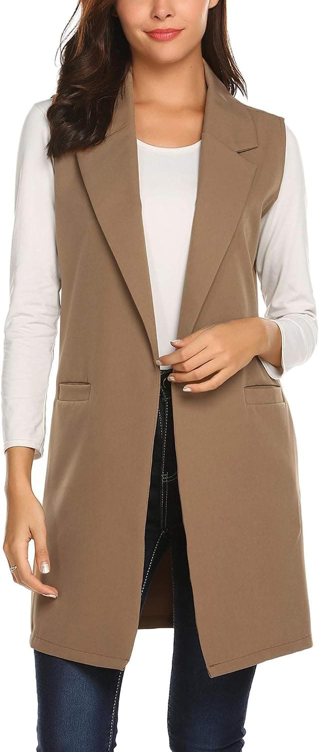 Showyoo Women's Long Sleeveless Duster Trench Vest Casual Lapel Blazer Jacket Khaki L