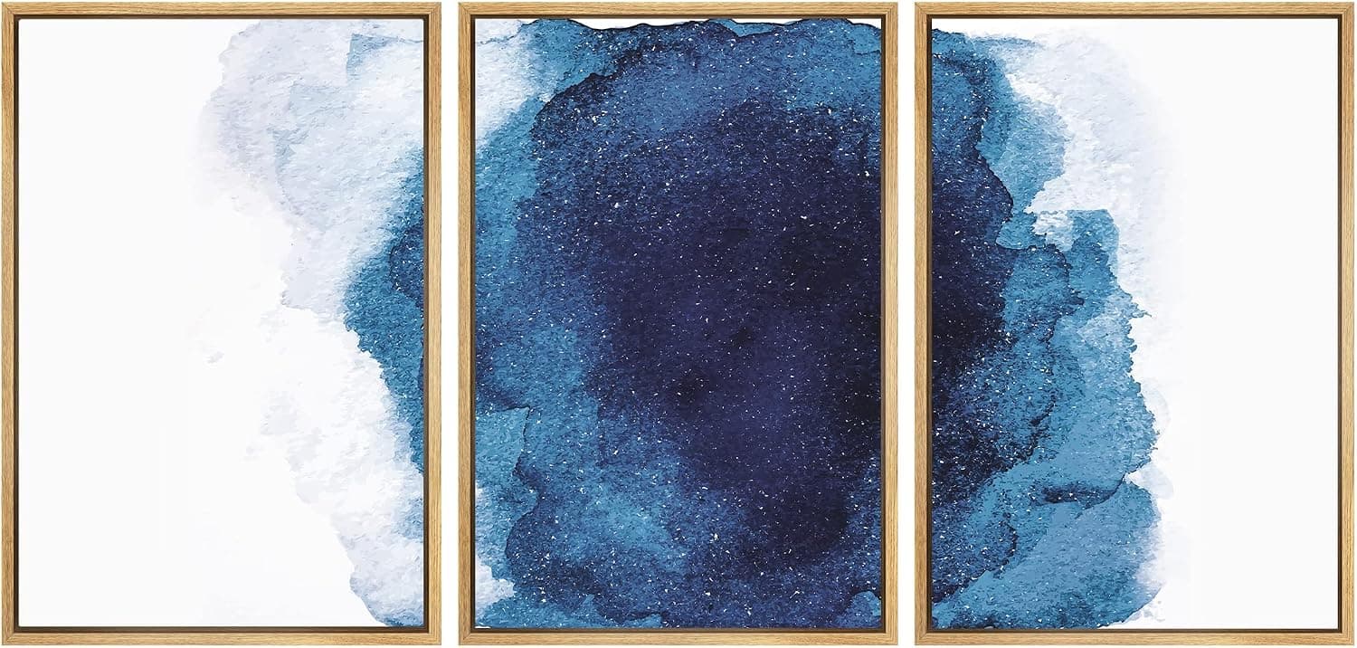 SIGNWIN 3 Piece Framed Canvas Wall Art Navy Blue Watercolor Nature Wilderness Illustrations Abstract Traditional Relax/Calm Home Artwork Decoration for Living Room,Bedroom - 24"x36"x3 Natural