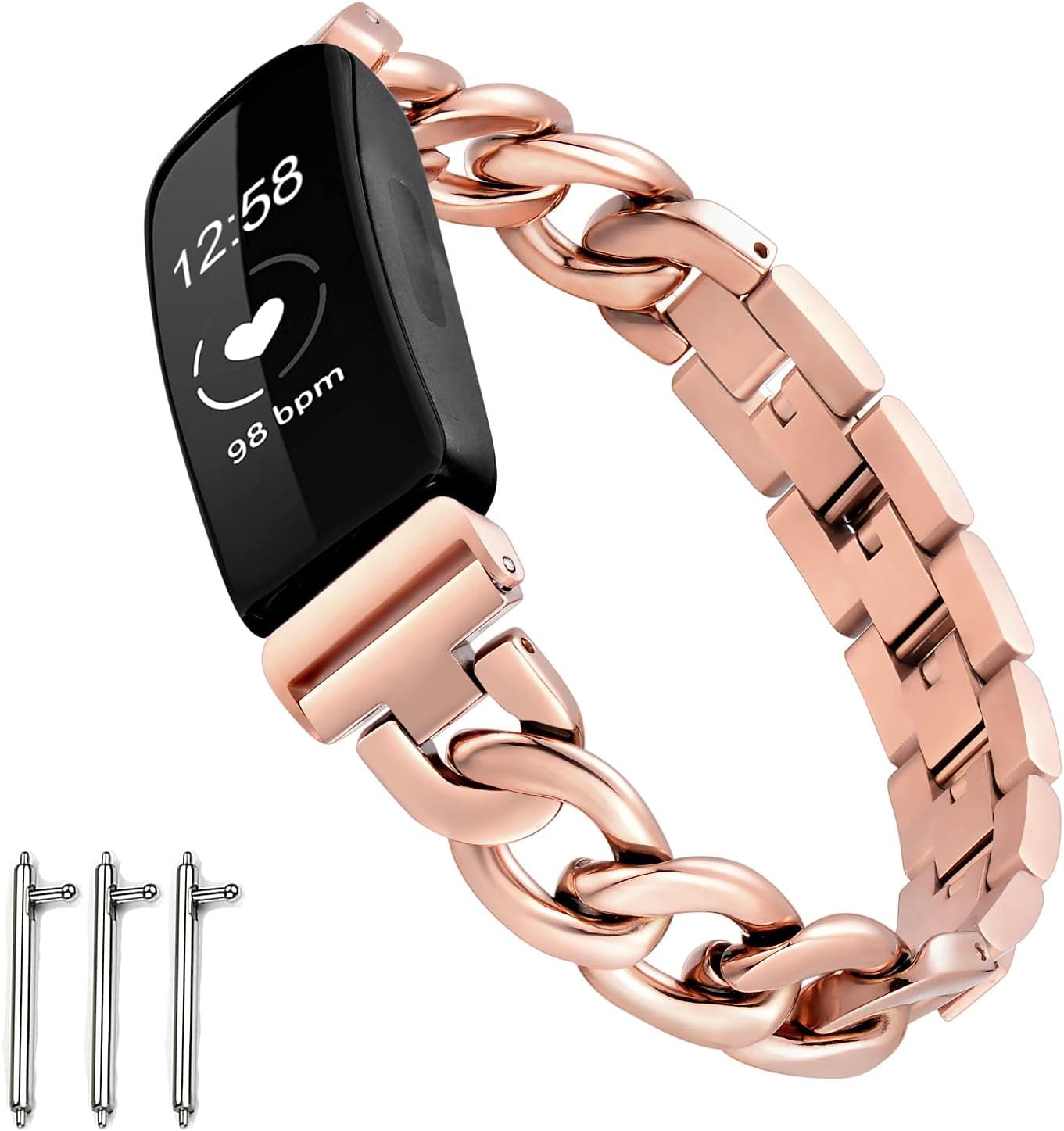 Dilando Bracelet Compatible with Fitbit Inspire HR/Inspire Bands Women Adjustable Stainless Steel Chain Link Wristband Accessories Durable Metal Chunky Strap for Inspire HR/Inspire Rose Gold