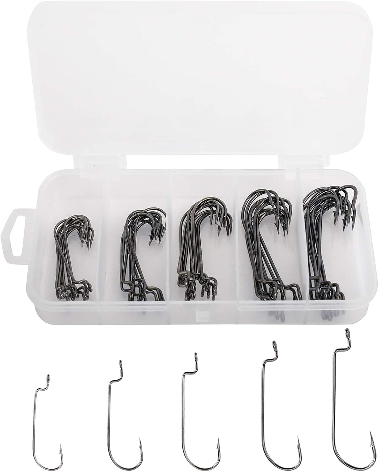 Sparkfire 50pcs Offset Hooks with Barbed Shank Worm Hooks Round Bend Replacement Fishing Hooks #2#1 1/0 2/0 3/0