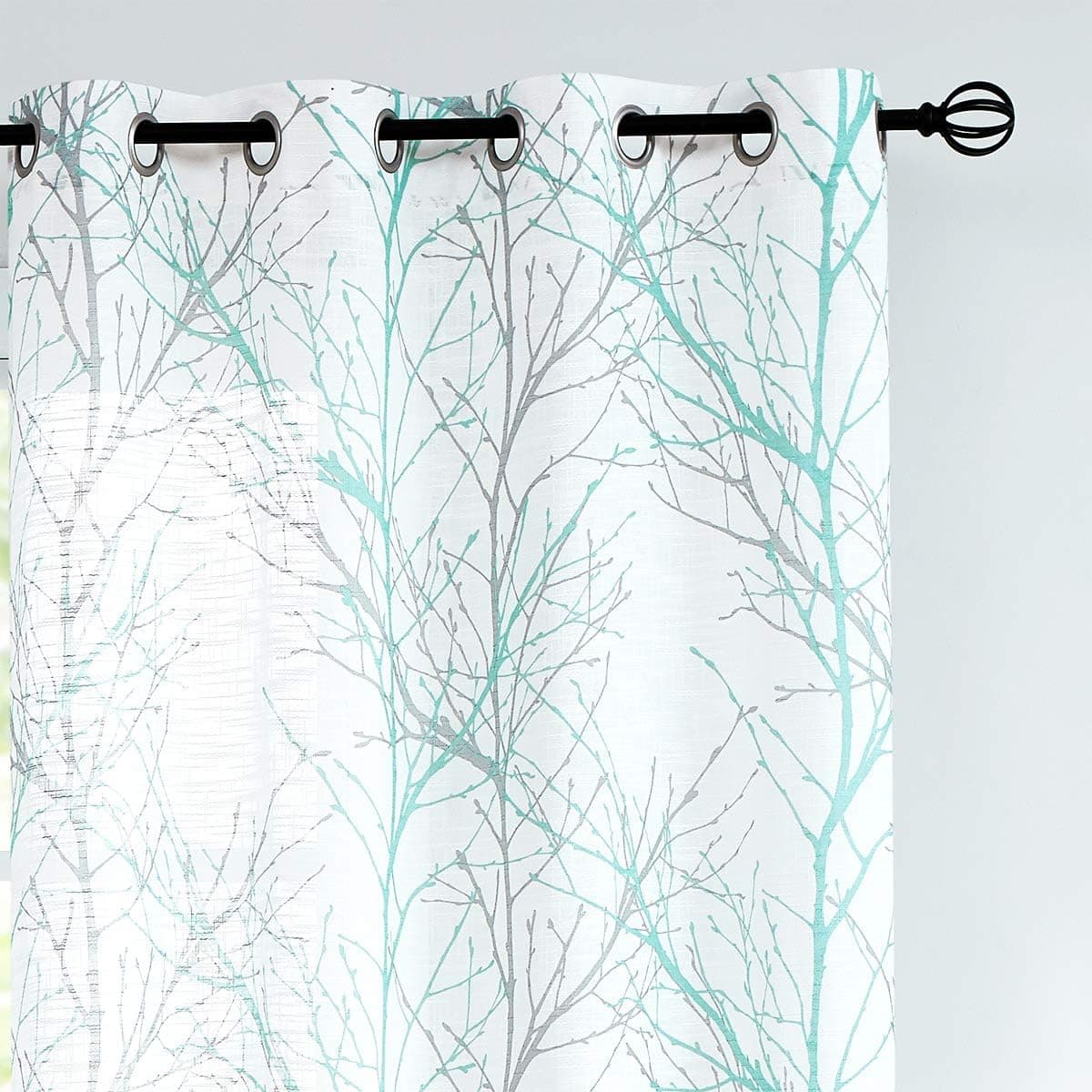 FMFUNCTEX Auqa White Curtains for Living Room 54” Grey Tree Branches Summer Print Curtain Set for Small Windows Linen Textured Semi-Sheer Drapes for Bedroom Grommet Top, Blue 2 Panels