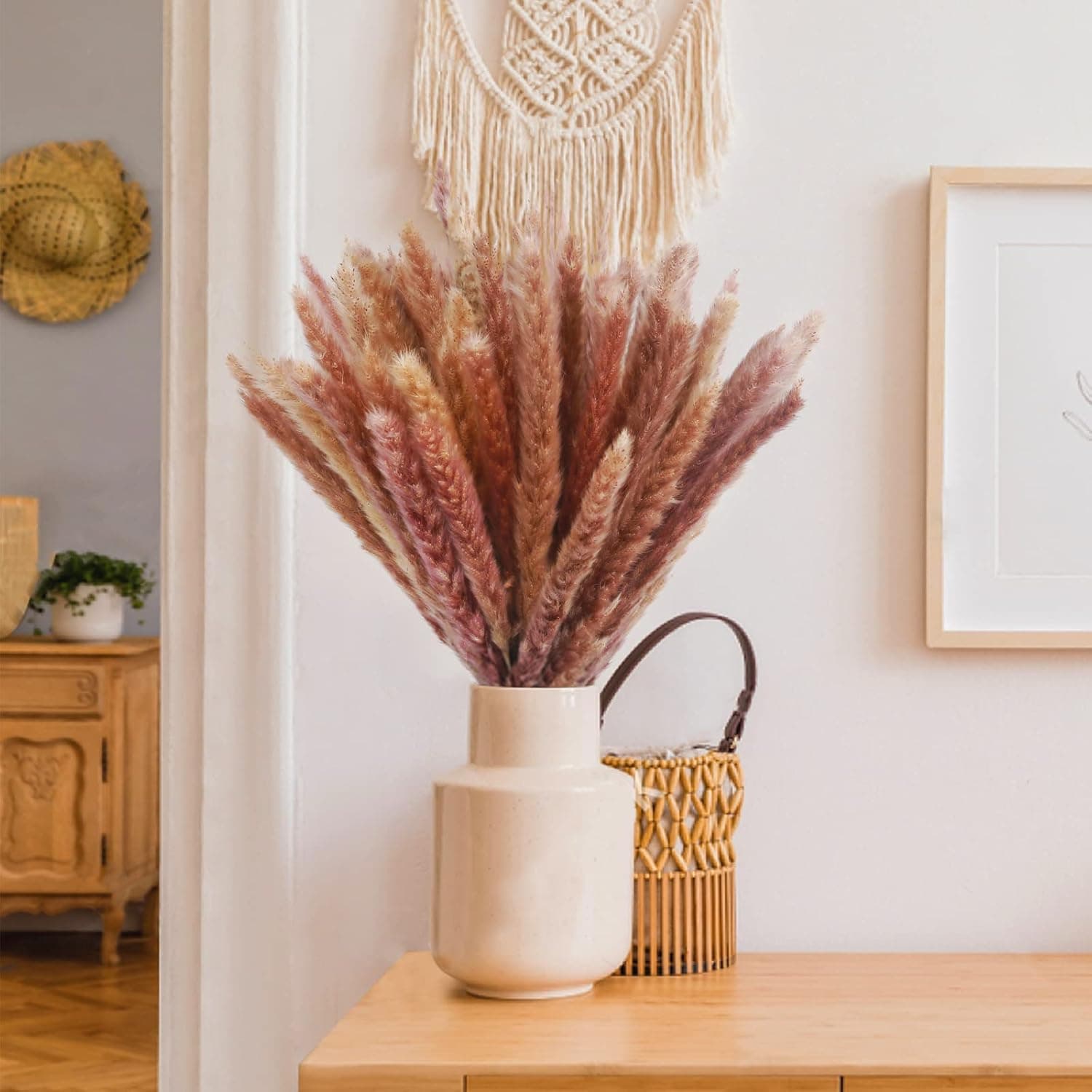 kikafok 60 pcs Natural Dried Pampas Grass Decor ，17" Tall-Pampus Grass,Natural Brown Pampas Grass,Mini Pampas Grass Bulk