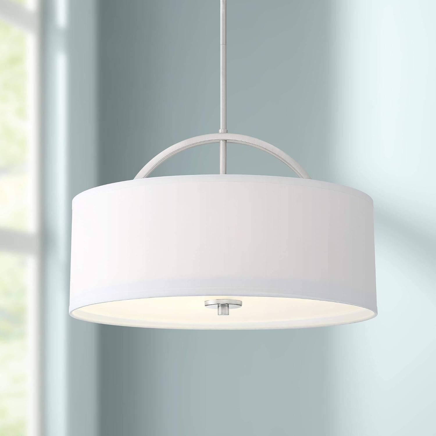 Possini Euro Design Carina Brushed Nickel Drum Pendant Chandelier Light Fixture 20" Wide Modern White Linen Shade for Dining Room House Foyer Entryway Kitchen Bedroom Living Room High Ceilings