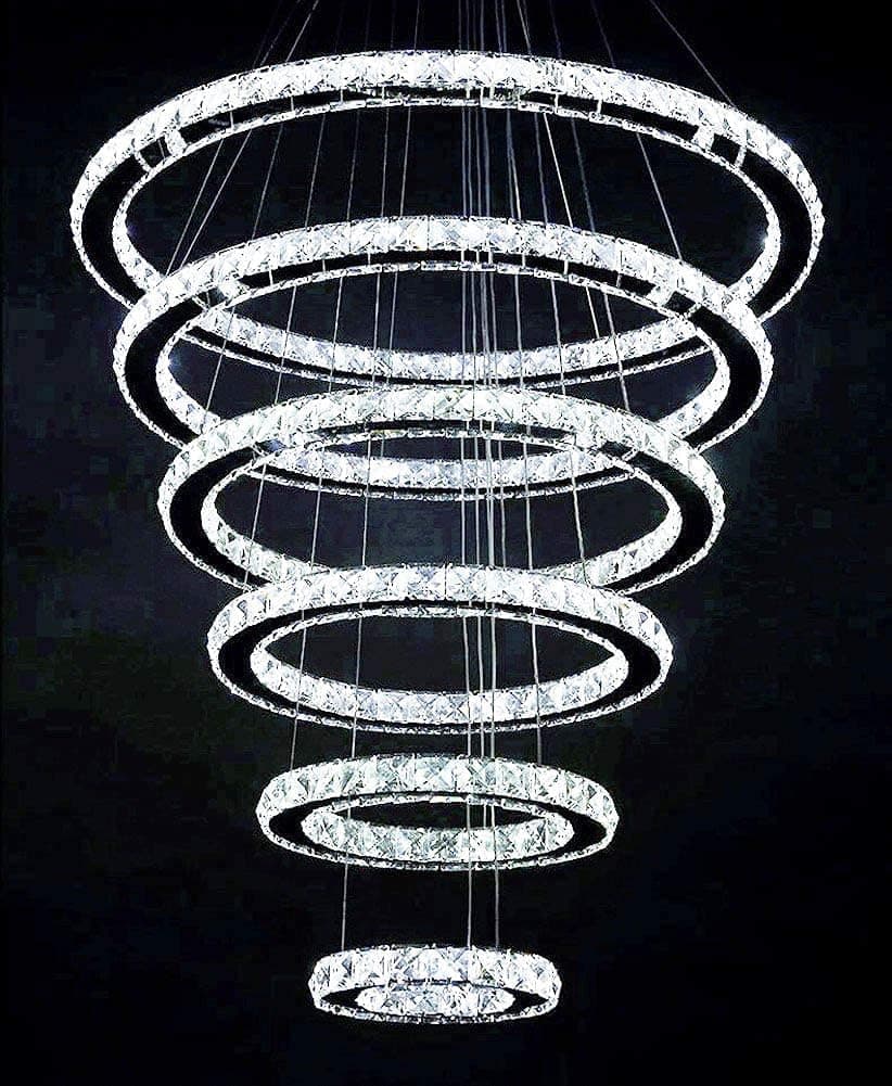 Siljoy Modern Crystal Chandelier Lighting, 6 Ring Chandelier LED Ceiling Lights Fixtures with 3-Color, High Ceiling Foyer Chandelier for Living Room Dining Room Staircase, D8-12-16"-20"-24"-28"