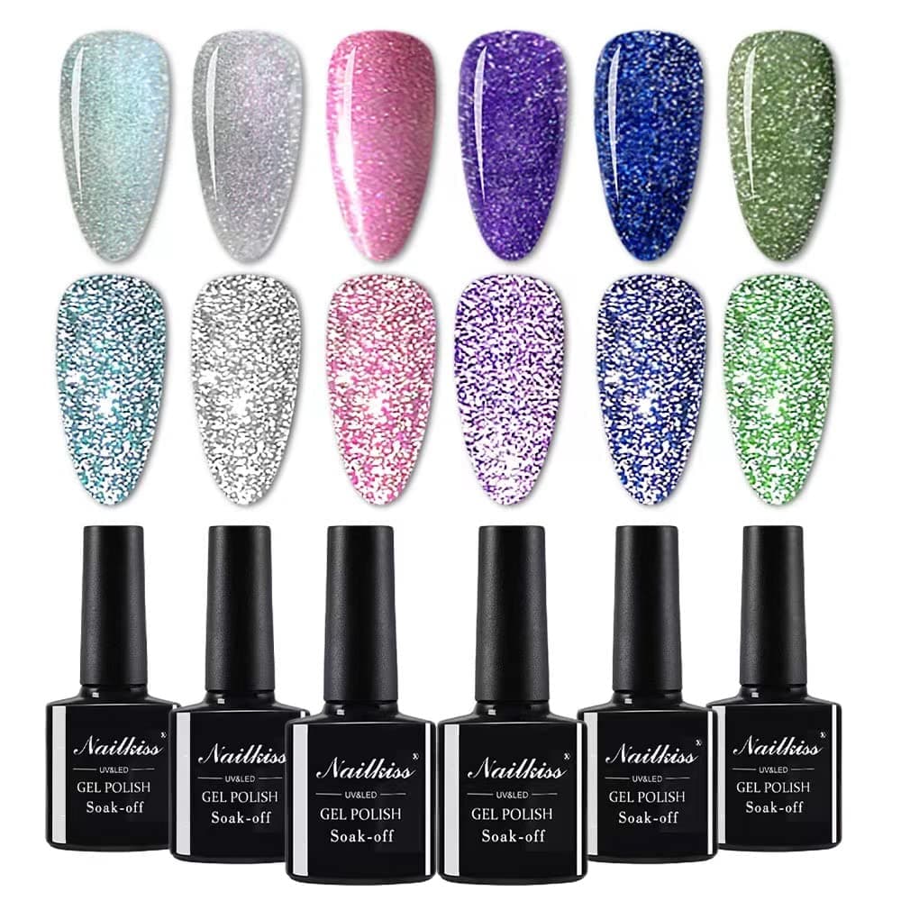 NAILKISS Reflective Gel Polish ,Diamond Glitter Gel Polish, Reflective Glitter Sparkling Holographic Gel Nail Polish, Soak Off LED UV Gel Nail Kit with Cuticle Oil Gift UV Lamp Required 6 Colors