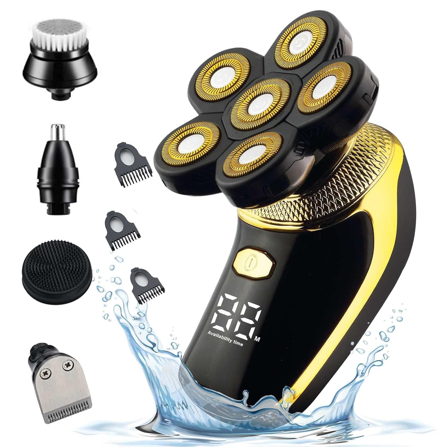 Head Shavers for Bald Men Wet and Dry, HerfsTec 6 Rotary Blade Heads Electric Razor, Bald Man 5-in-1 Grooming Kit with Clipper & Trimmer & Brush, IPX7 Waterproof, USB Charging, LED Display