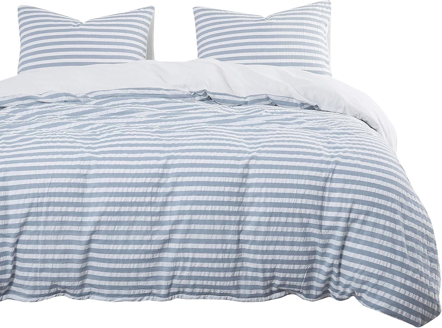 Wake In Cloud - Seersucker Duvet Cover Set, 100% Yarn Dyed Washed Cotton Bedding, White Blue Wrinkled Striped (3pcs, Queen Size)