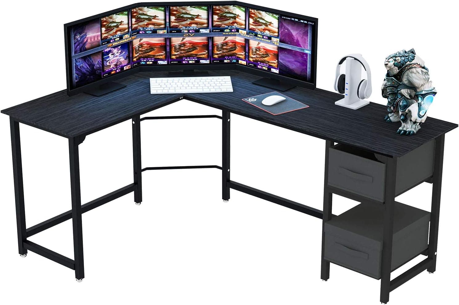 TUMEND Black L Shaped Desk with Storage, Computer Gaming Desk with Drawers, Reversible Installation Pc Desk with Drawer Space-Saving Easy to Assemble Home Office Desk Sturdy Writing Table