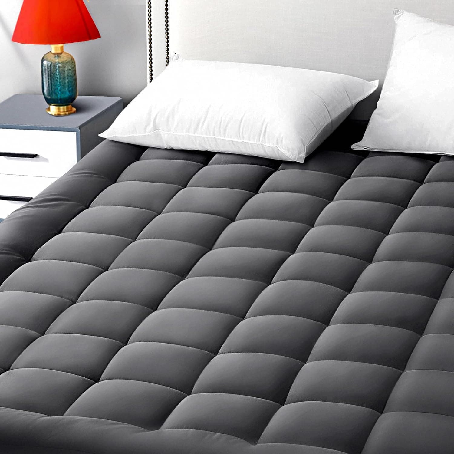 EASELAND California King Mattress Pad Pillow Top Mattress Cover Quilted Fitted Mattress Protector Long Cotton Top 8-21" Deep Pocket Cooling Mattress Topper (72x84 Inches, Dark Grey)