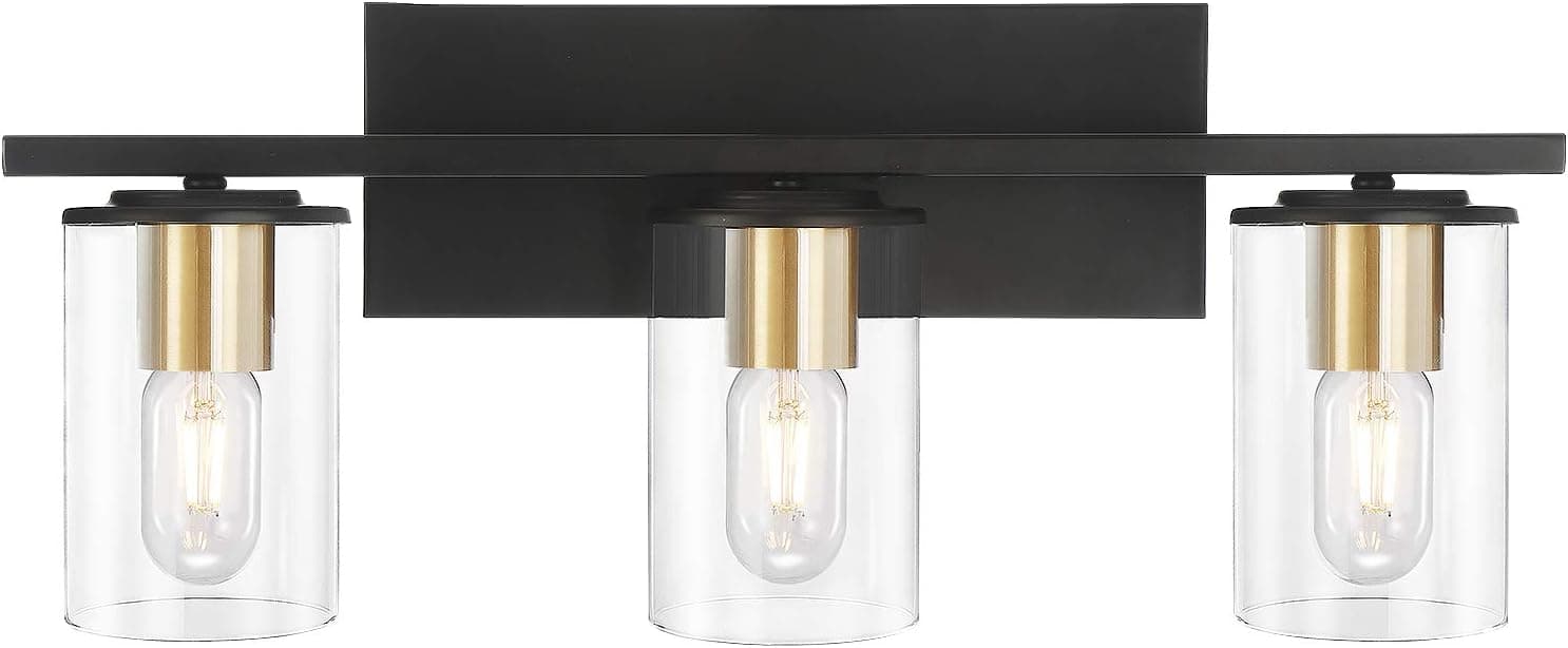 HUESLITE Vanity Light,3-Light Wall Sconce Fixtures, Matte Black Finish, Brushed Gold Copper Socket with Clear Glass Shade for Bedroom Living Room Hallway Kitchen (Black+Gold,3-Light) ¡­
