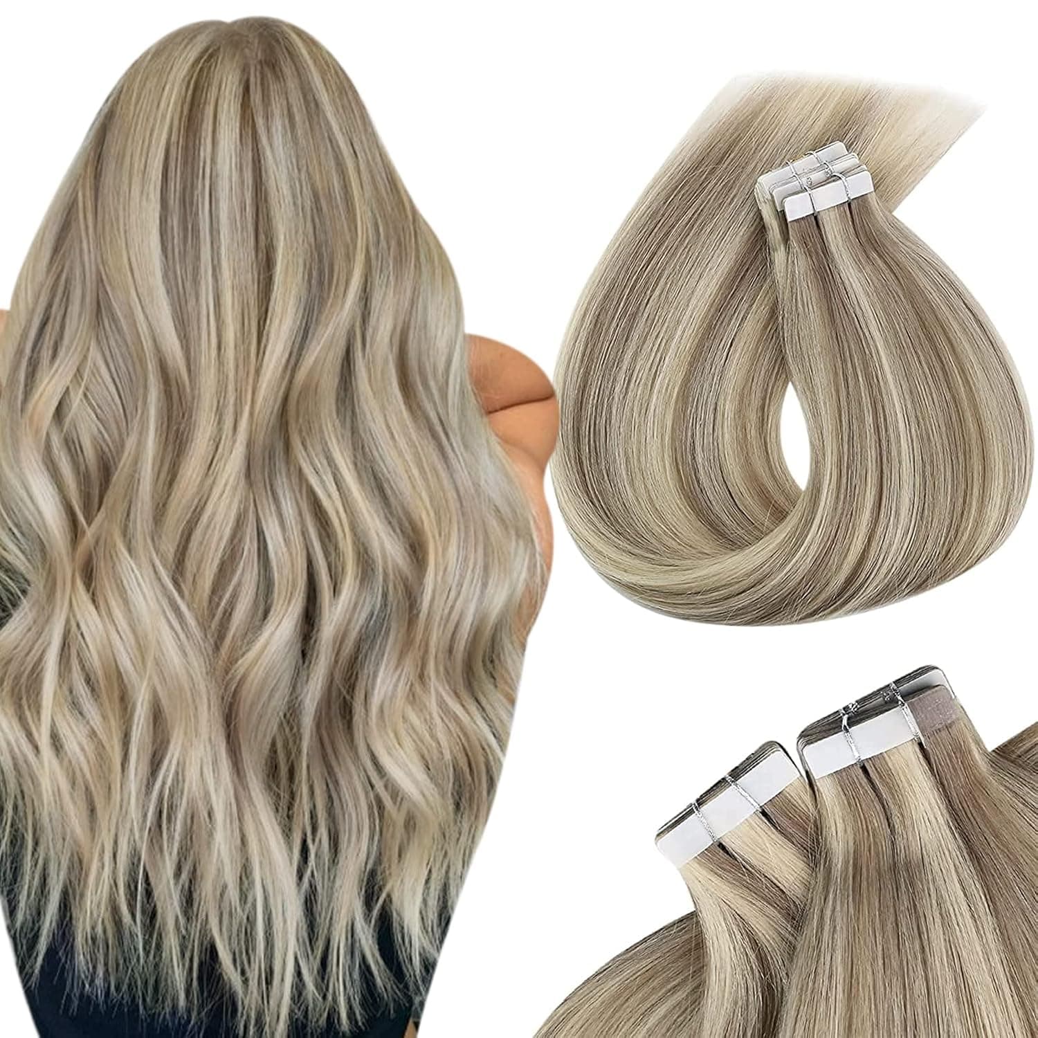 Tape in Hair Extensions Human Hair Blonde Highlights 14inch 20pcs 50g Real Human Hair Extensions Tape in Dark Blonde to Platinum Blonde Highlights Tape in Extensions Human Hair