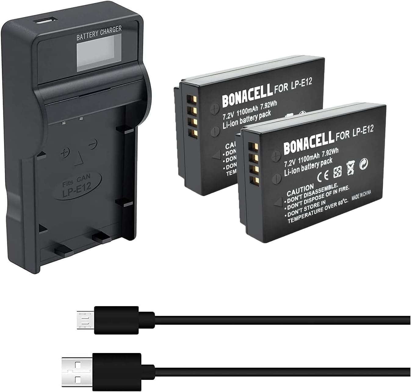 Bonacell LP-E12 Replacement Battery 2 Pack 1100mAh and Charger Kit (LCD) Compatible with Canon EOS M50, EOS M100, Rebel SL1, EOS100D, EOS M, EOS M2, EOS M10 Mirrorless Digital Camera-Ship from US