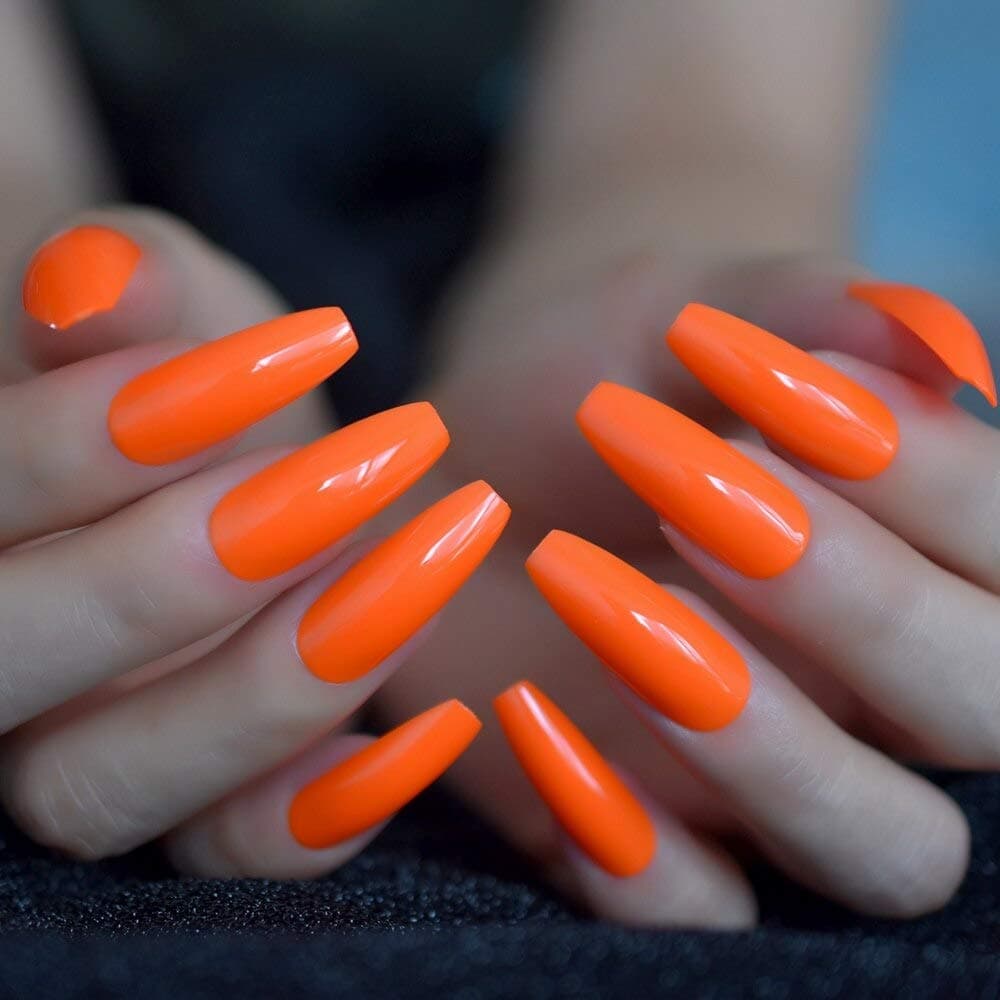 CoolNail Fashion Solid Color Neon Orange Extra Long Ballerina Coffin UV False Nails Flat Finger Fake Nail Press on Party Salon Nail Art