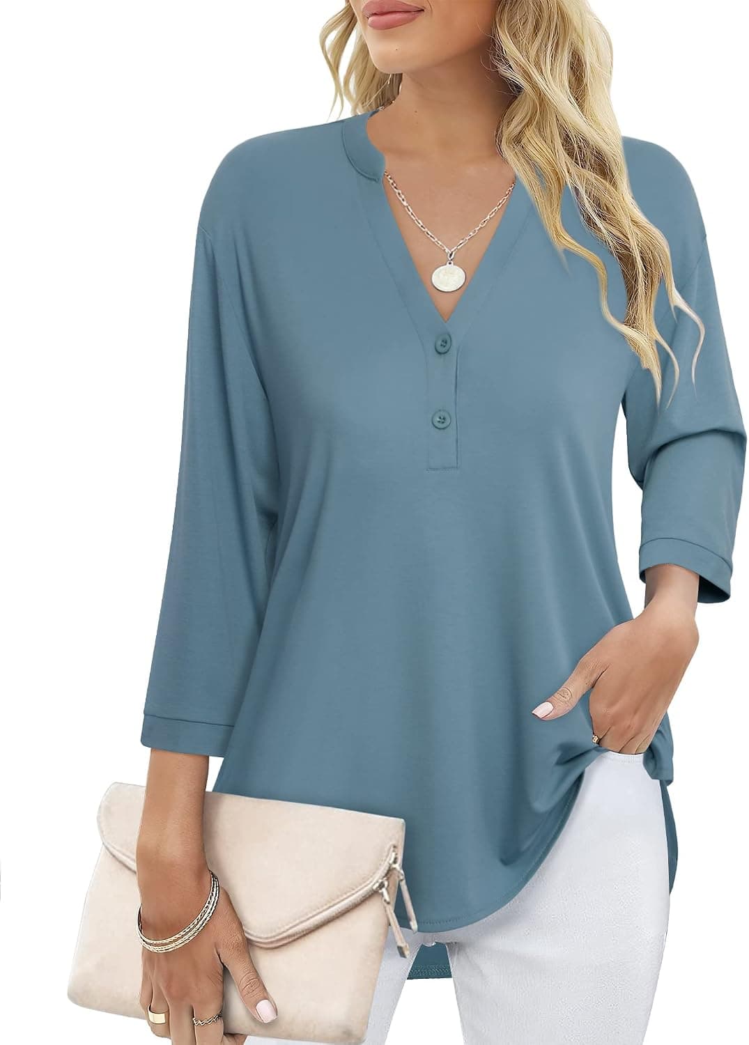 Messic Women's 3/4 Sleeve Shirts Loose Fit Casual V Neck Side Split Tunic Tops