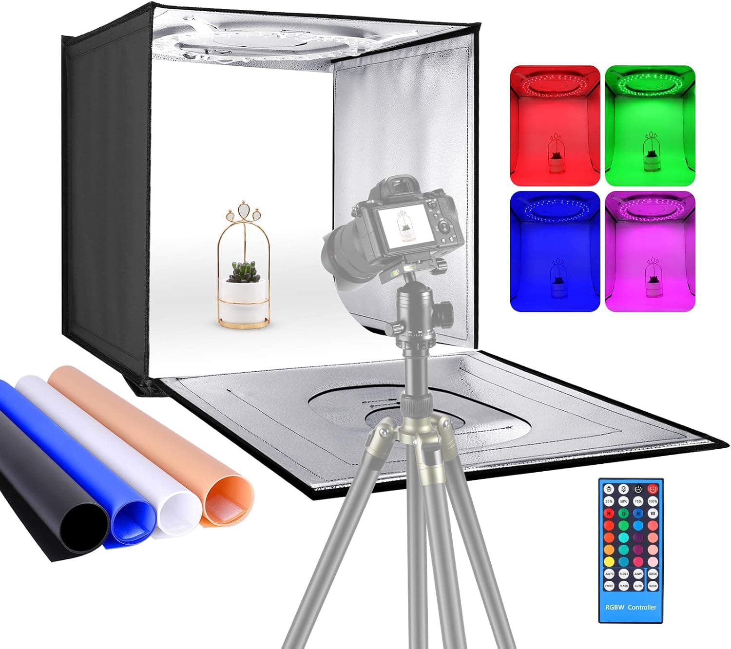 Neewer Photo Studio RGB Light Box with Infrared Remote Control, Foldable Table Top 24 inches/60cm Shooting Tent with 96 RGB LEDs/Adjustable 2-20W/6000K-6500K/4 Colors Backdrops
