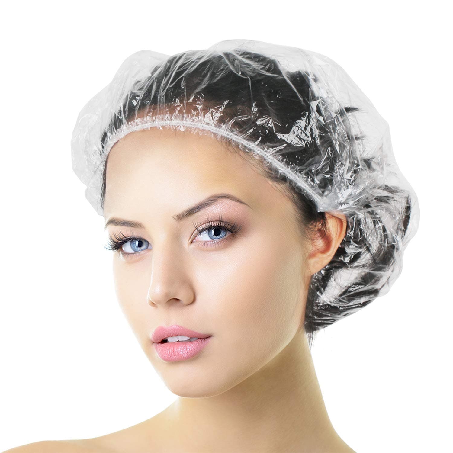 Aquior Shower Cap Disposable, 100 PCS Bath Caps Larger Thick Clear Waterproof Plastic Elastic Hair Bath Caps for Women, Hotel Travel Essentials Accessories Deep Conditioning Hair Care Cleaning Supplies