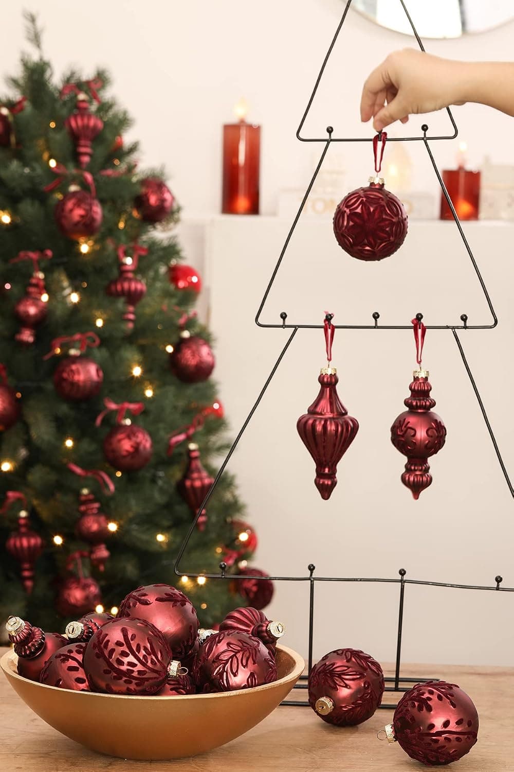 DN DECONATION Burgundy Red Christmas Ball Ornaments, Assorted Glass Christmas Ornaments for Xmas Tree,Christmas Tree Ornaments Set for Xmas Party Decoration