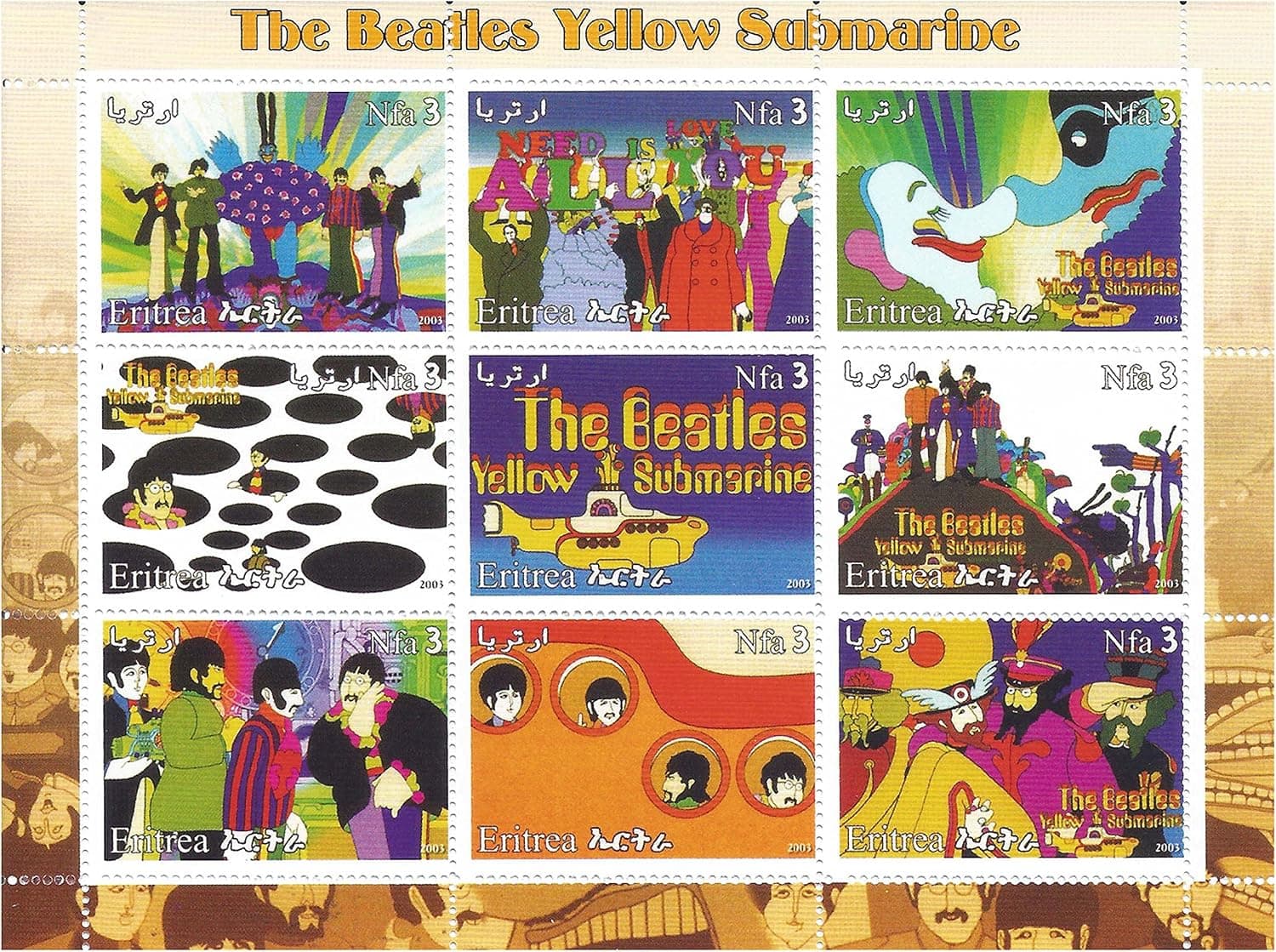 The Beatles Yellow Submarine Stamp Sheet with 9 Mint Stamps - Psychedelic Artwork from The 60s