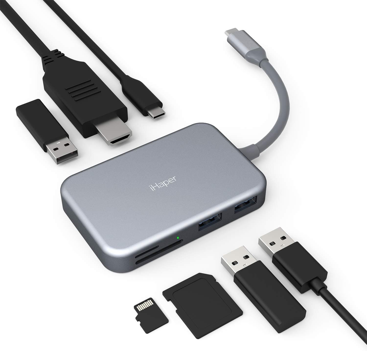 iHaper C003 USB C Hub, 7-in-1 USB C Adapter with 4K HDMI, 60W Type-C Power Delivery, 3 USB 3.0, SD and Micro SD Card Reader for MacBook Pro 2018/2017/2016, Chromebook Pixel, Dell XPS, and More