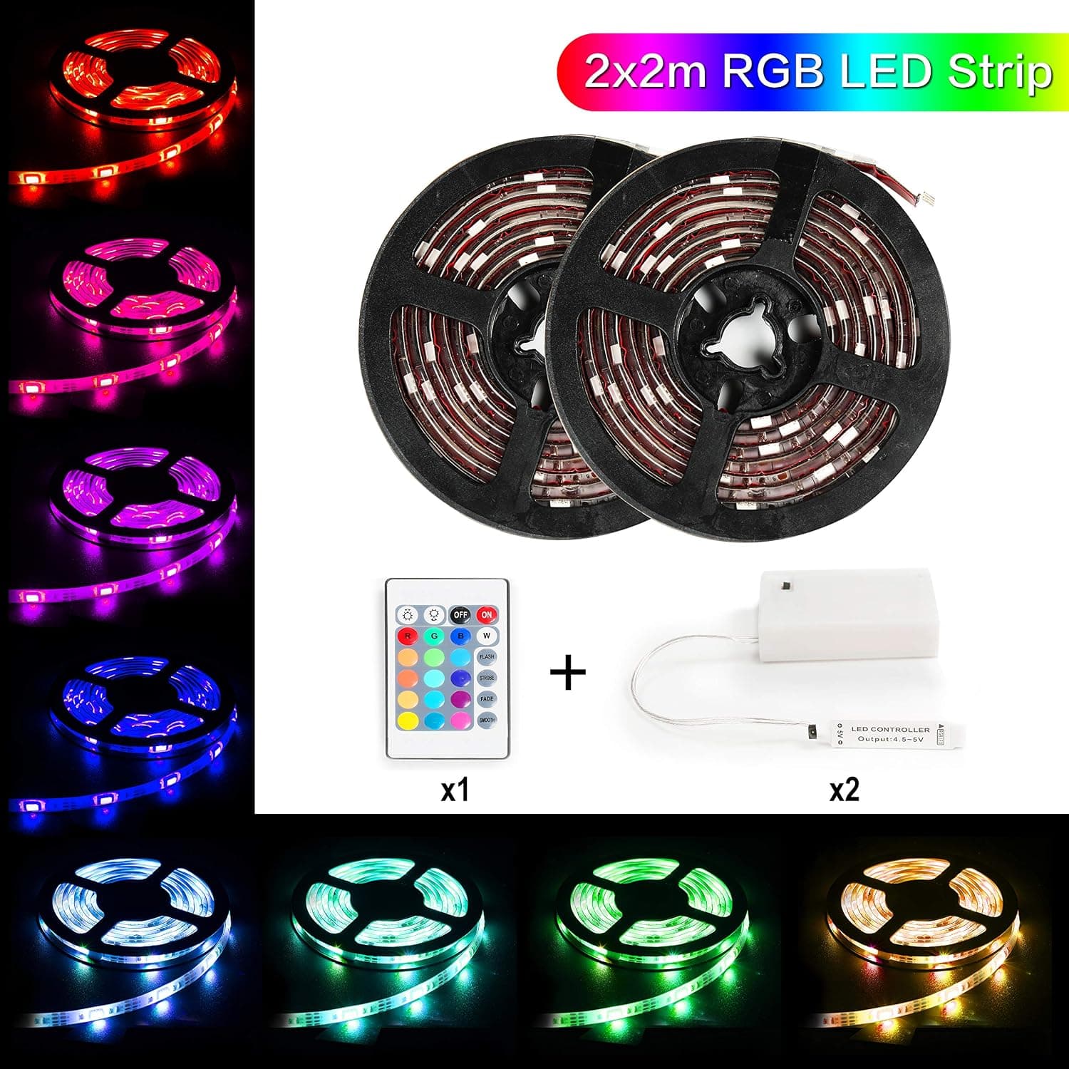 Led Light Strip Battery Powered，MEILLY RGB 2M / 6.6FT 60Leds 5050 Leds Strip Light IP65 Waterproof Flexible Rope Lights, Color Changing Strip Lightings with 24 Key Remote Control ( 2Pcs)