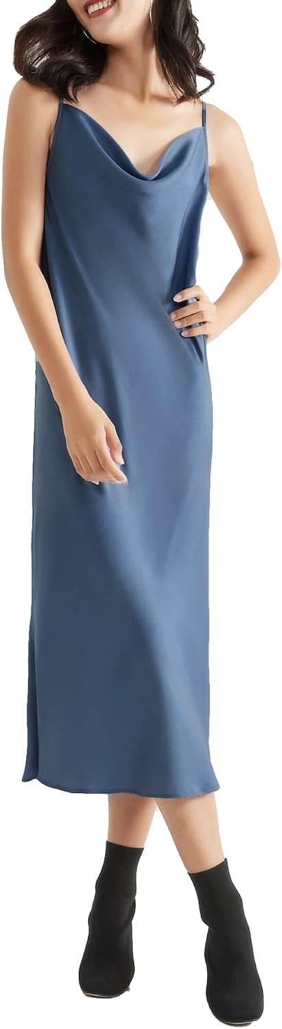 SUPESU Women's Adjustable Sleeveless Spaghetti Strap Silky Satin Midi Slip Dress