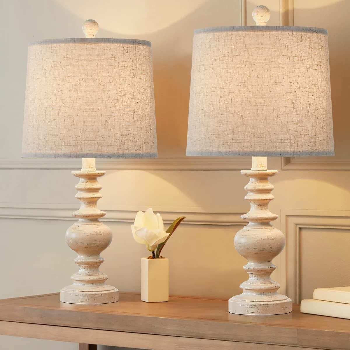BOBOMOMO Tradition 20.5'' Rustic Table Lamp Set of 2 for Living Room Farmhouse Bedside Desk Lamps Bedroom Nightstand Vintage Lamps Linen Washed