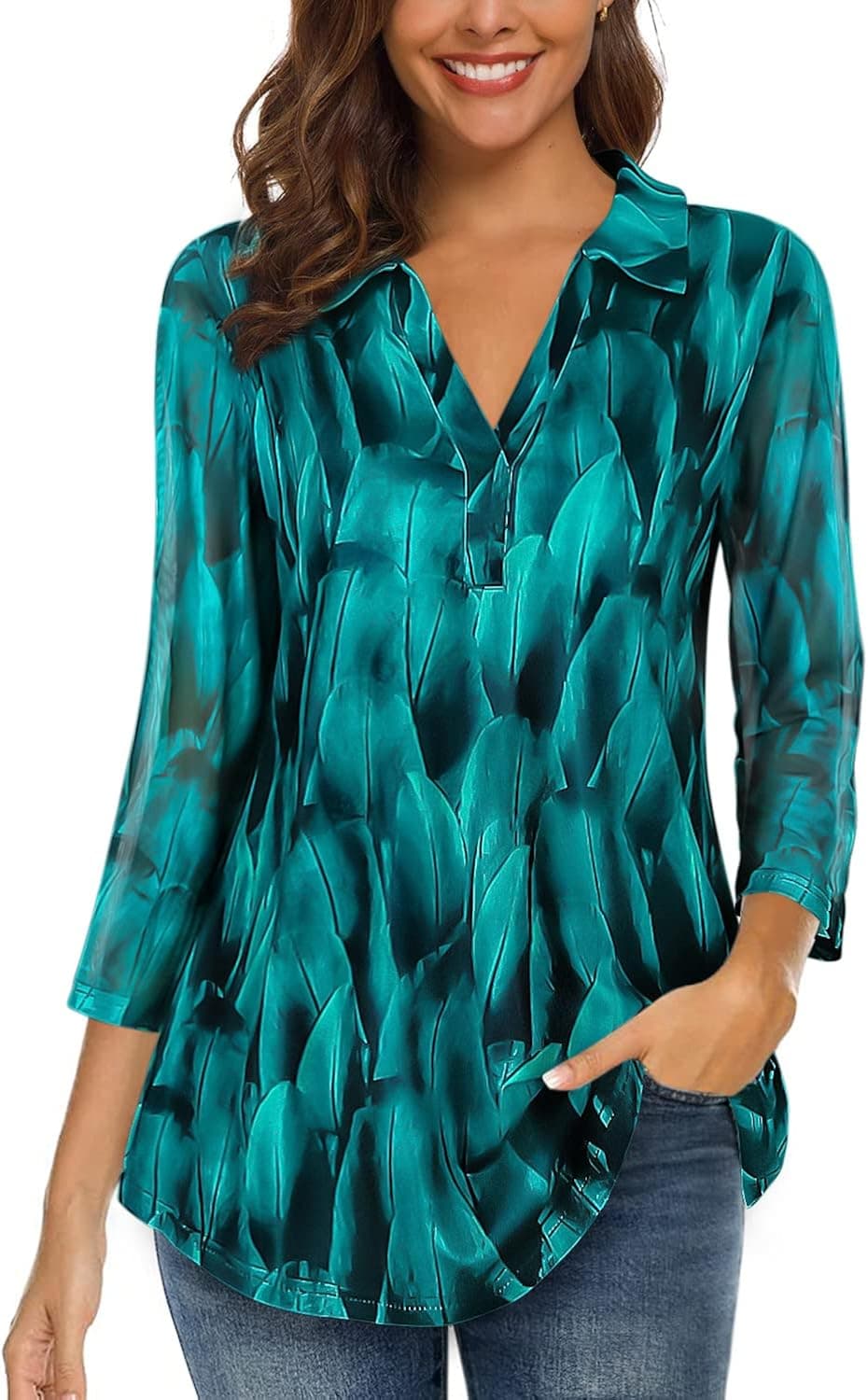 Miusey Womens 3/4 Sleeve Summer Blouses Loose Flowy Shirts Floral Printed Casual Tunic Tops