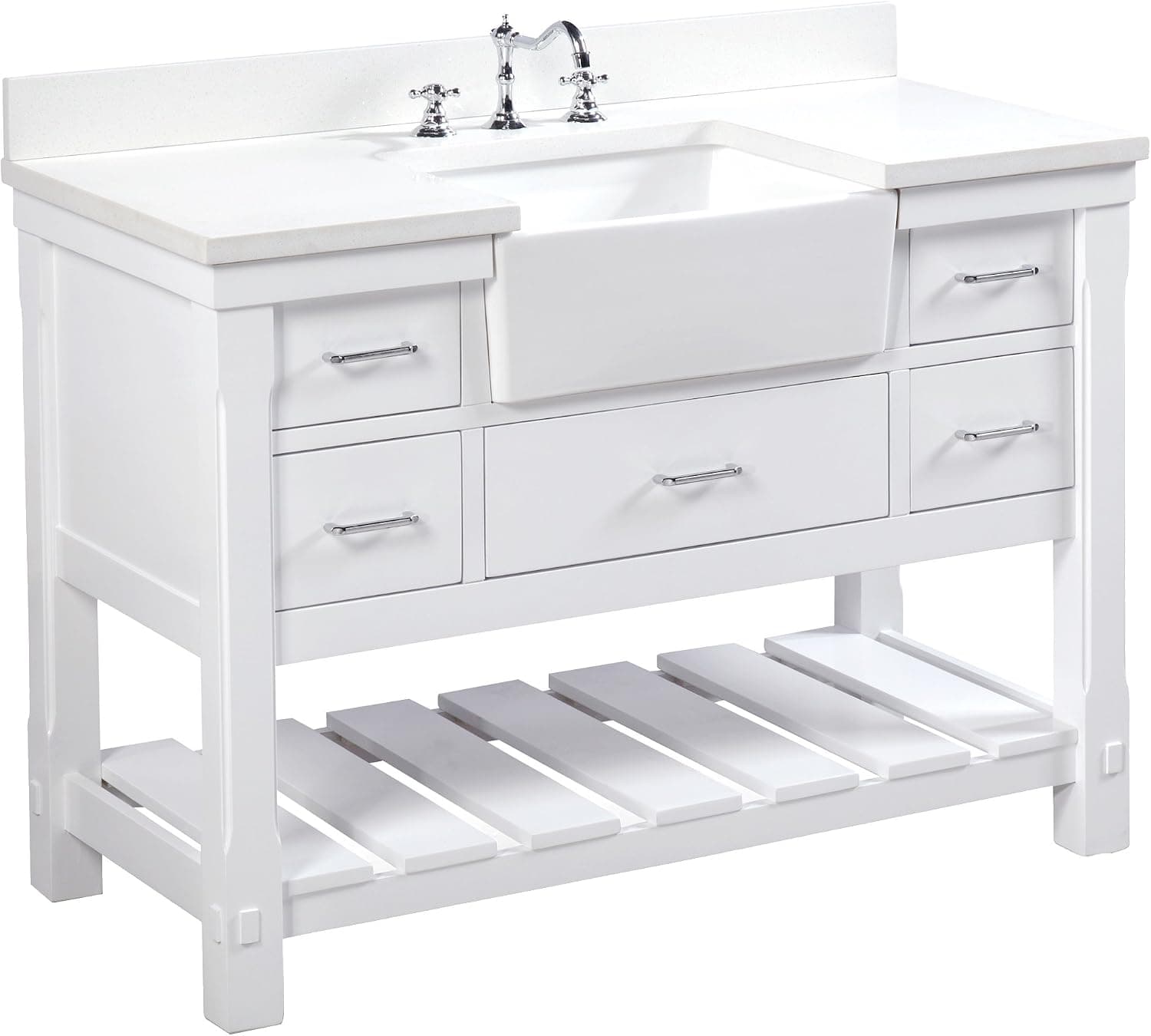 Charlotte 48-inch Bathroom Vanity (Quartz/White): Includes a White Quartz Countertop, White Cabinet with Soft Close Drawers, and White Ceramic Farmhouse Apron Sink