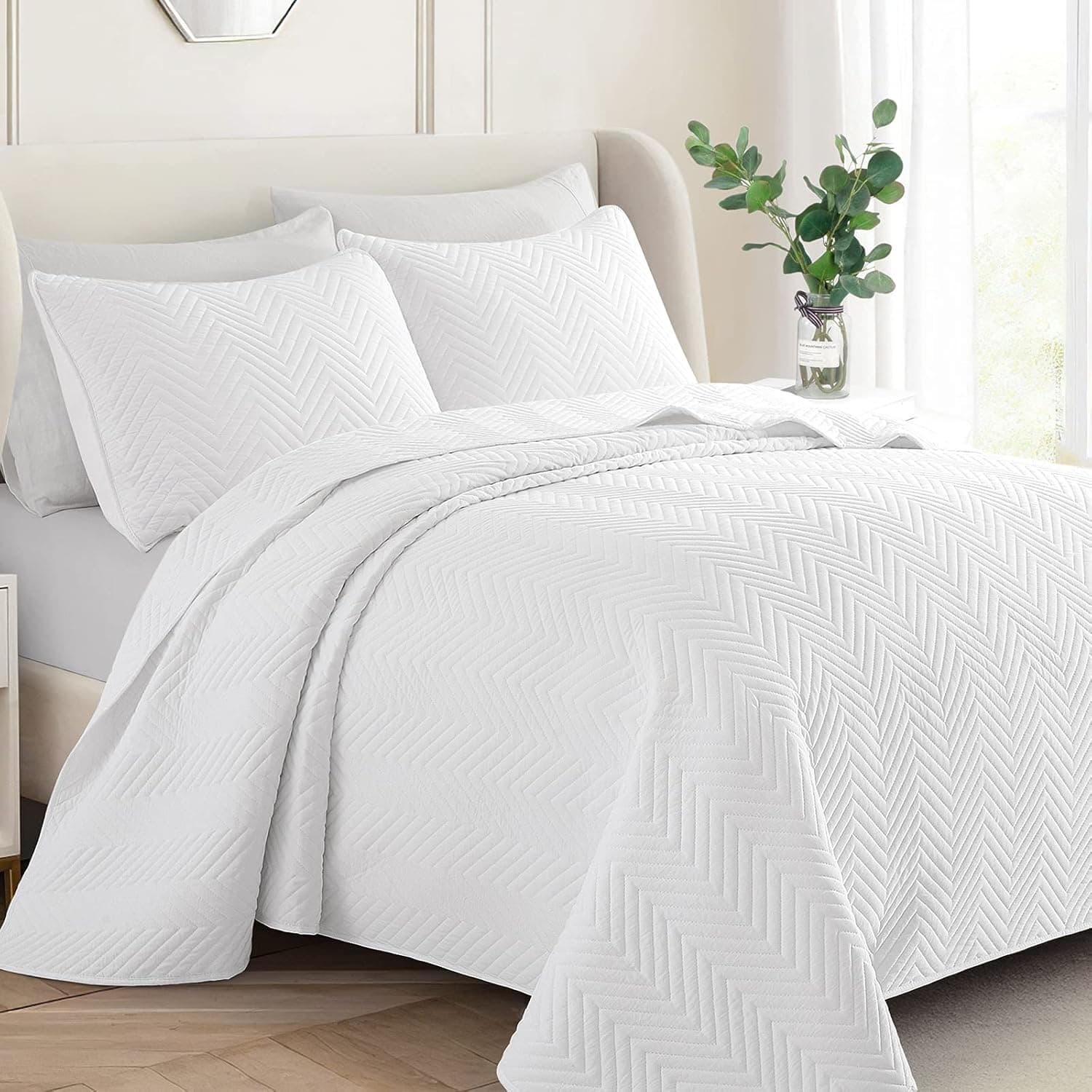 sofani Chervon Stripe Stitched Quilt Bedspreads Set Full/Queen Size(White, 90"x96") - Super Soft Lightweight Microfiber Coverlet for Queen Bed - 3 Pieces(Includes 1 Quilt, 2 Shams)