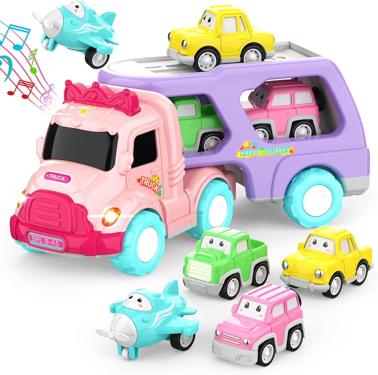 LASCOTON Toys for 1 2 3 Year Old Girl, 5-in-1 Carrier Truck, Toddler Girl Toys, Friction Power Toy Cars with Light & Sound, 1 2 3 Year Old Girl Gifts Birthday for Baby Girl Toys Pink Toys for Girls