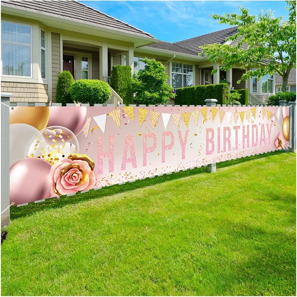 Enjoyfun Happy Birthday Yard Sign Banner - Large 118" x 19.7" Rose and Gold Birthday Party Decorations for Girls Women Birthday Celebration Banner Outdoor Indoor Party Supplies