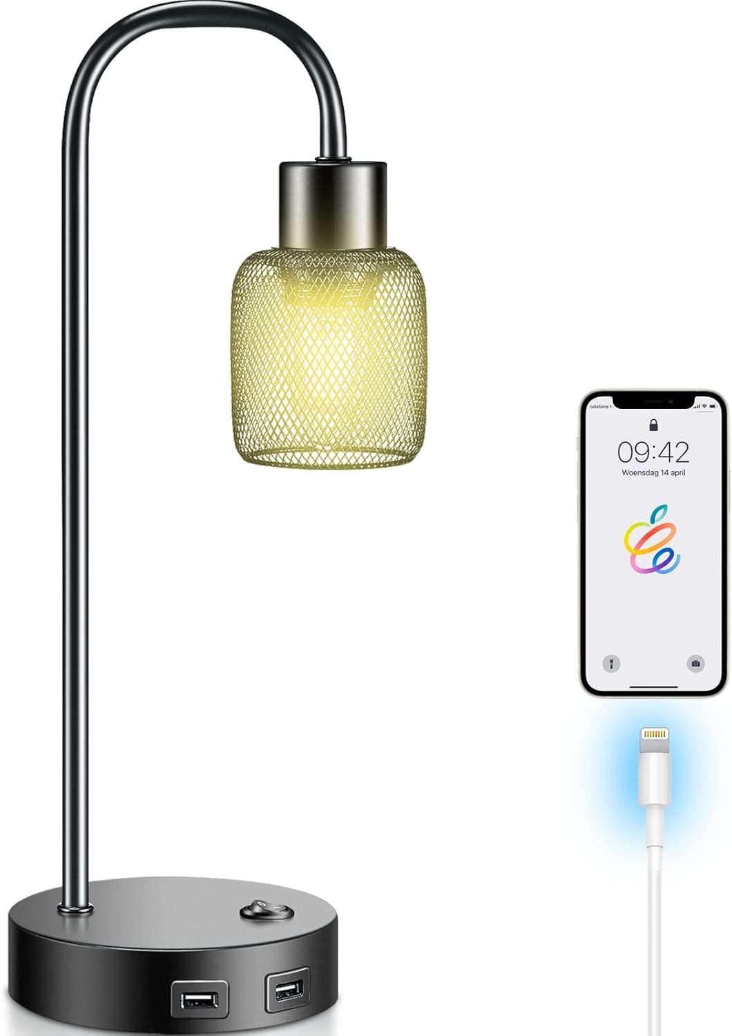 keymit Bedside Lamps, 3 Way Dimmable Table Lamp, Edison Industrial Lamps for Bedroom, 2 USB Charging Port,Black Minimalist for Nightstand Living Room, Cylinder Cage Lamp Shades, LED Bulb Included