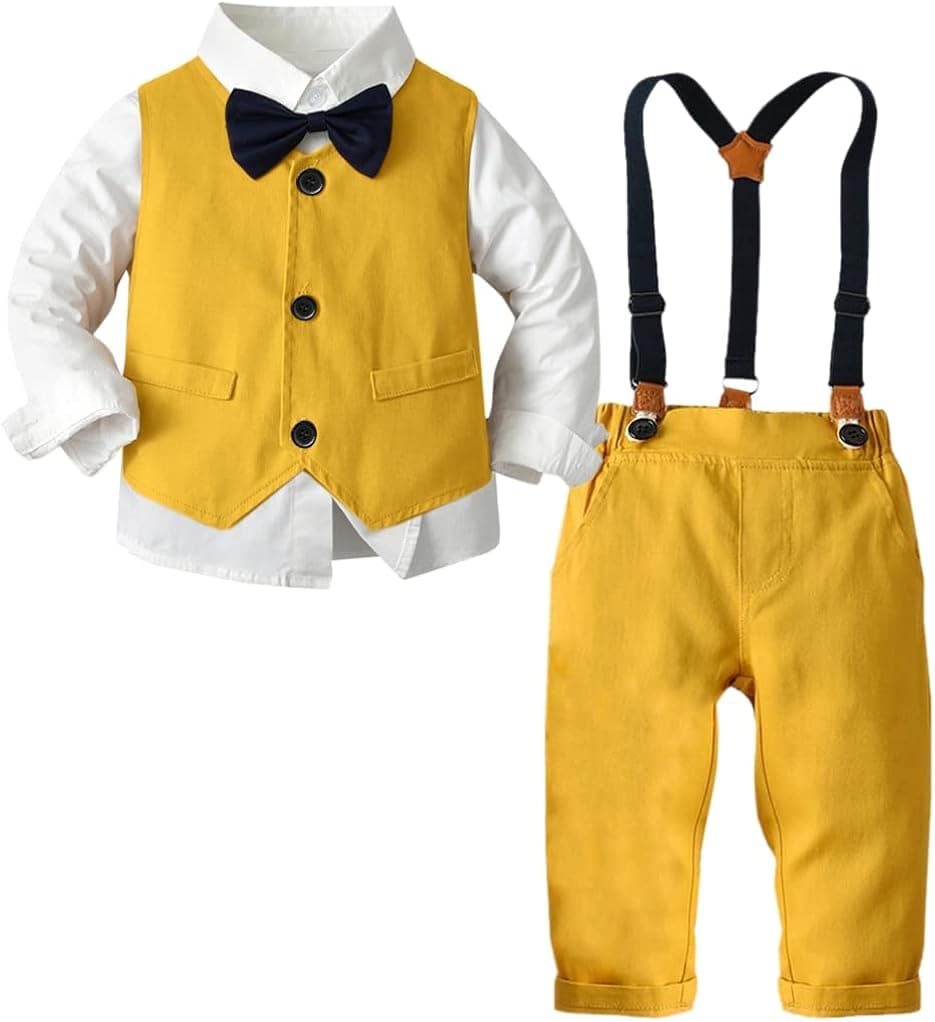 Boys Dress Clothes Set, 3PCS Formal Suits with Bowtie Dress Shirt + Suspender Pants + Suit Vest Wedding Clothing Outfits for Boys， 1# Yellow， 4-5 Years = Tag 130