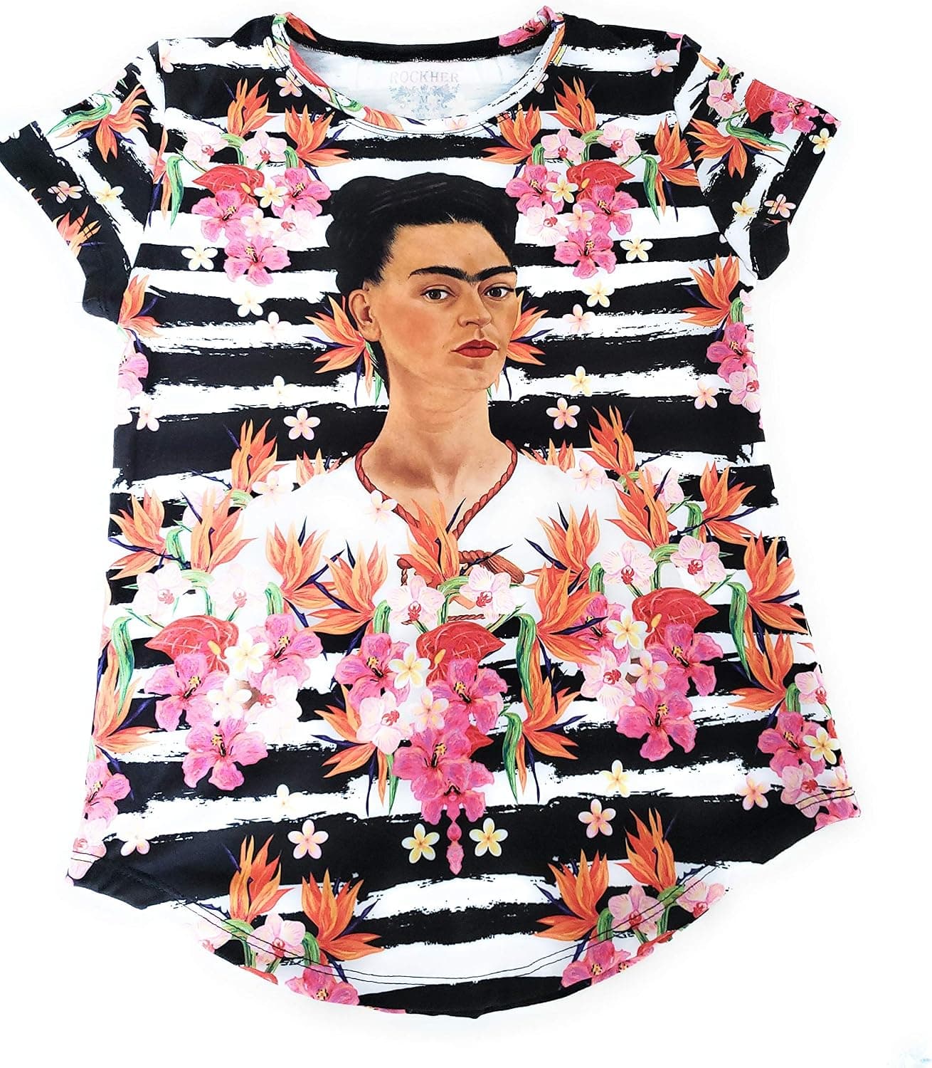 Frida Kahlo Full Print Graphic Tee Mexican T-Shirt Black Striped Floral Mexico