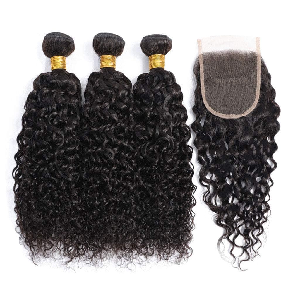 Kinkys Curly Human Hair Brazilian with Closure 10A Unprocessed Curly Hair Weave 3 Bundles with Free Part Lace Closure Natural Color(12 14 16 +12Inch)