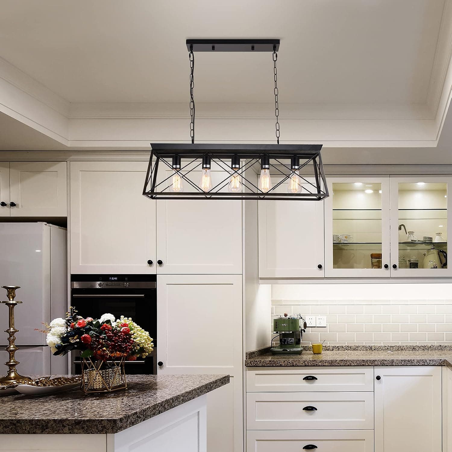 KUANGYE Rectangular Chandelier, Farmhouse Linear Chandelier, Industrial 5-Light Pendant Light, Metal Modern Island Ceiling Lighting for Dining Room Kitchen Living Room 31.49" (5*E26 Bulb not Included)