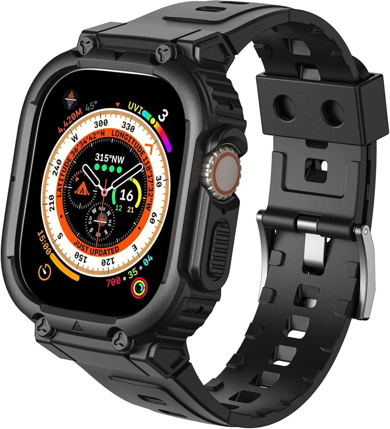 2023 New 2 in 1 Case & Band Compatible with Apple Watch Ultra 49mm, Tire Material Rugged Case with TPU Strap Military Protective Tough Cover Bumper for iWatch Ultra (49mm, Black)
