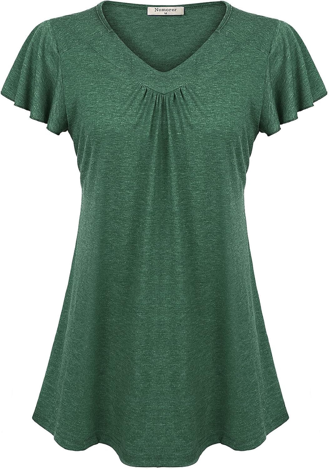 Nomorer Women's Casual Blouses, Short Sleeve Drape T Shirt Flattering Flare A Line Blouse Top Green M