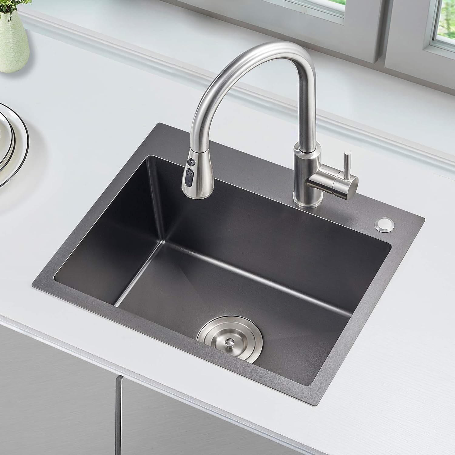 ROVATE 22 x 18 Inch Topmount Kitchen Sink Single Bowl, Handmade Durable Dark Grey Black Nano Titanium Plating SUS304 Stainless Steel Drop-in Kitchen Sink