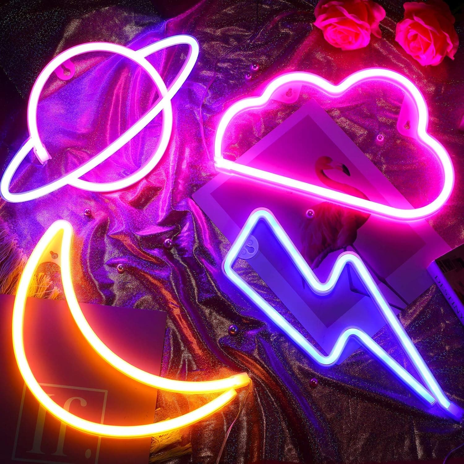 Moon Cloud Planet and Bolt Neon Sign Decorative LED Neon Light Led Neon Wall Sign Battery or USB Operated for Christmas Wedding Birthday (Blue and Pink Planet, Pink Cloud, Yellow Moon, Blue Bolt)