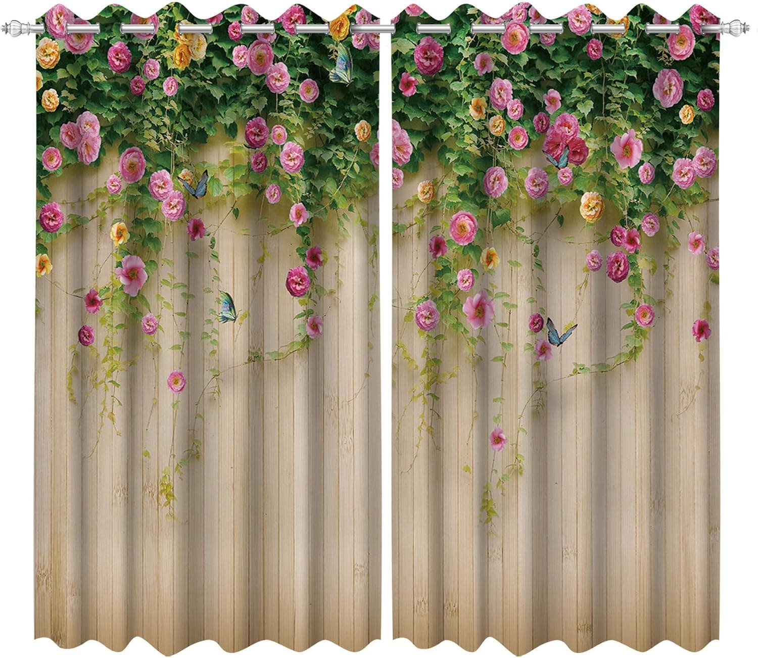 LB Vintage Flower Window Curtain Panels, Colorful Floral Green Leaf on Beige Wood Window Curtain for Kitchen Living Room Blackout Window Treatment Drapes 2 Panels,42 x 84 Inches