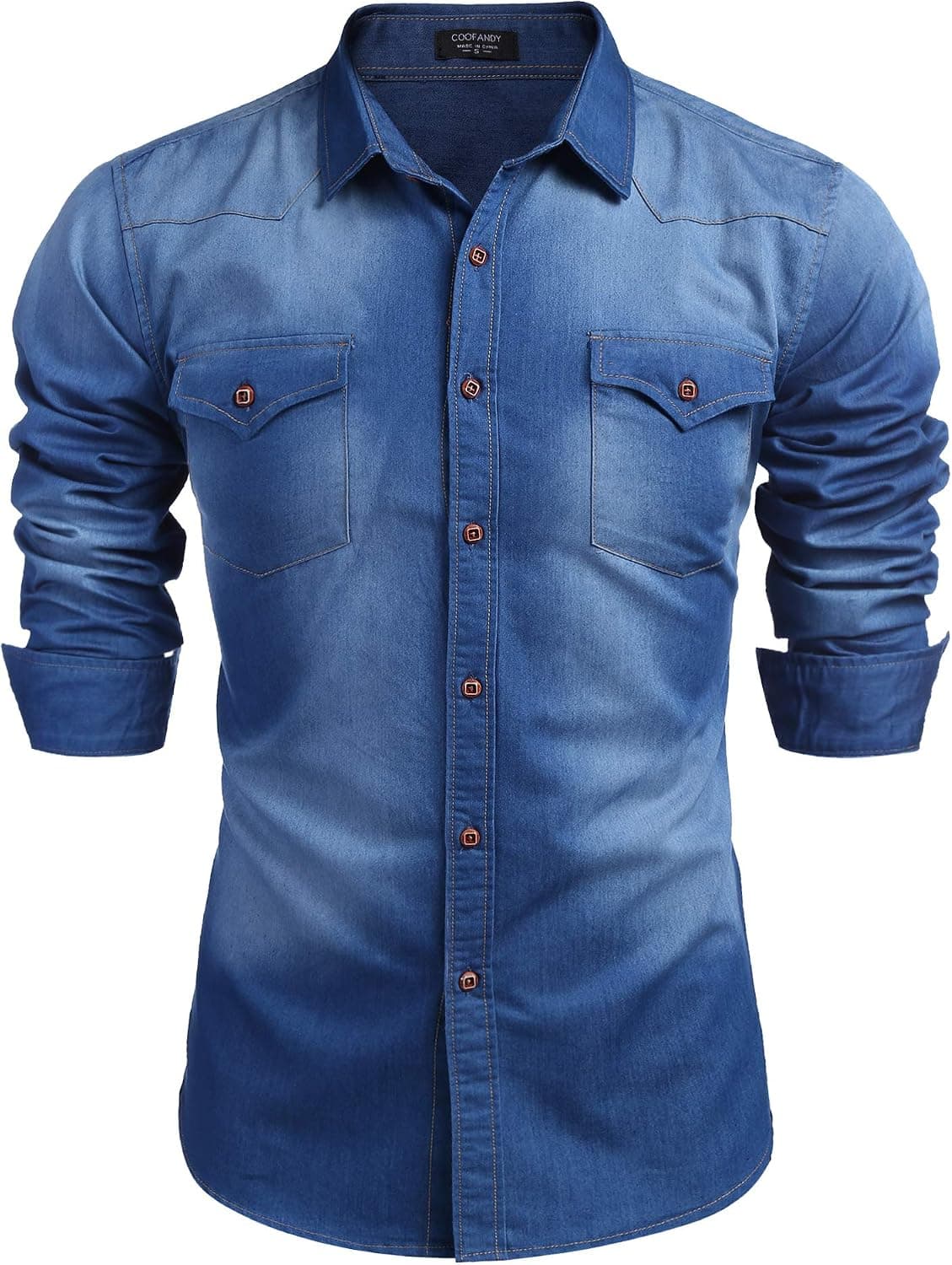 COOFANDY Men's Denim Shirt Long Sleeve Regular Fit Casual Button Down Shirt Western Cowboy Work Shirts with Pockets