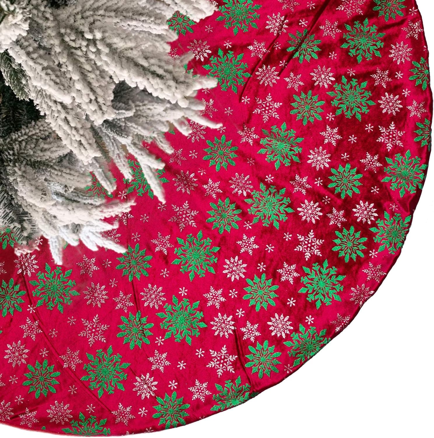 BUVANE Christmas Tree Skirt,48 inches Large Xmas Tree Skirts with Snowy Pattern, Double Layers Xmas Tree mat for Christmas Tree Decorations（ Burgundy）