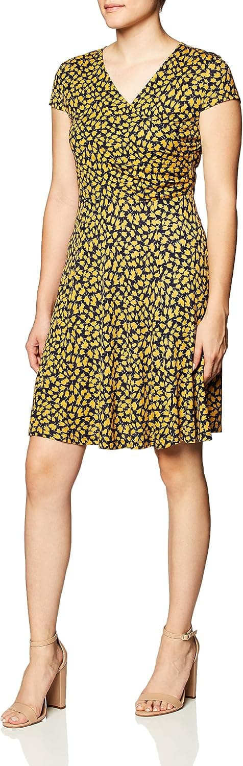 Lark & Ro Women's Cap Sleeve Faux Wrap Fit and Flare Dress
