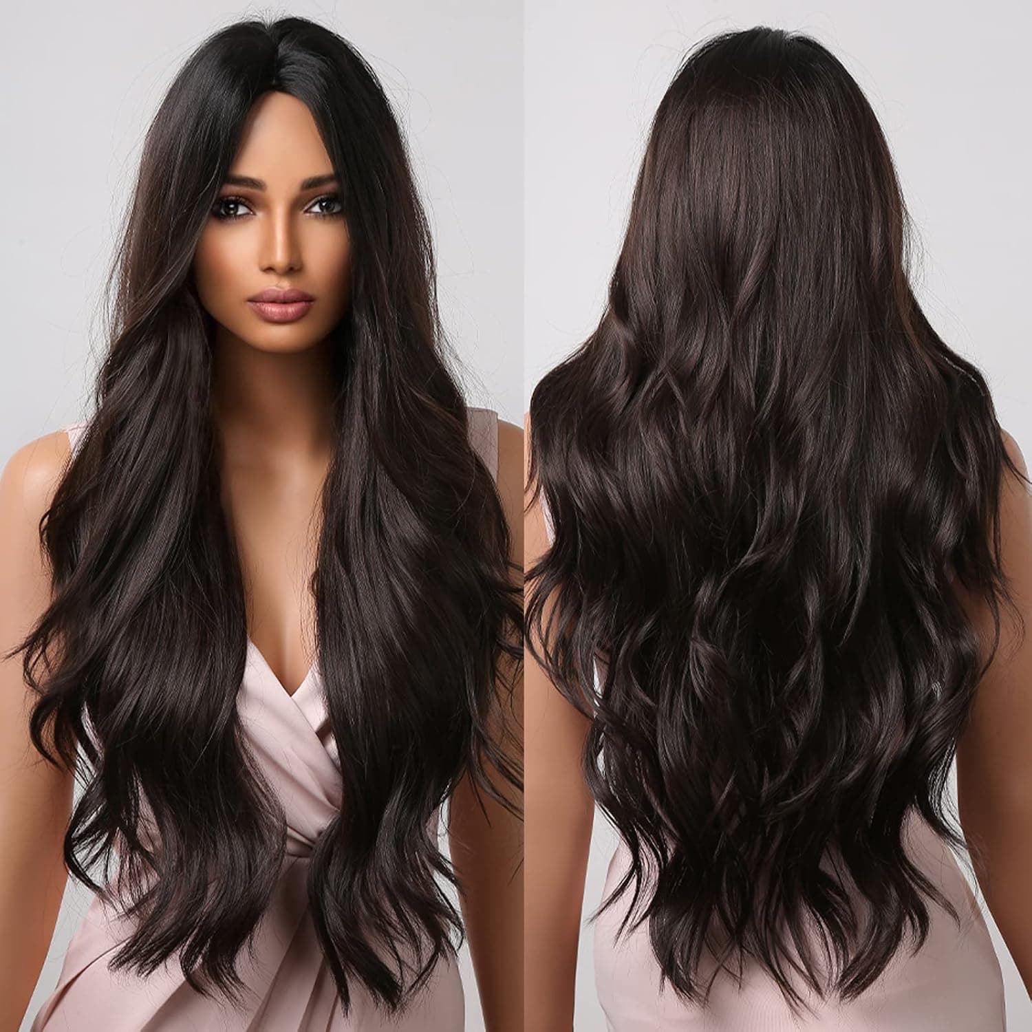 Allbell Brown Wig for Women Long Curly Hair Middle Part Synthetic Wig