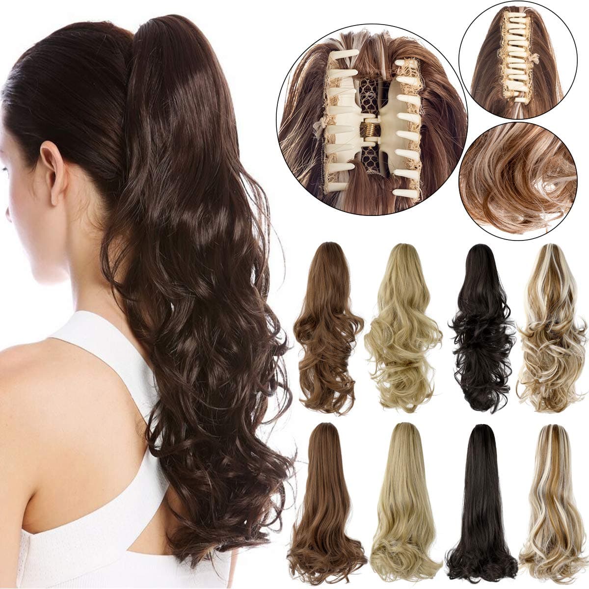 FELENDY Ponytail Extension Claw 16" 18" Curly Wavy Clip in Hairpiece One Piece Jaw Long Pony Tails Synthetic for Women Dark Brown