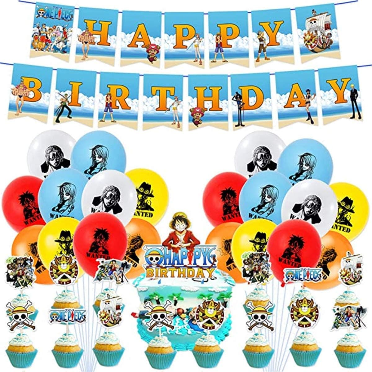 One Piece Birthday Party Decorations One Piece Birthday Party Supplies Including Cake Toppers,Balloon Banner Set for Kids and Boys （46pcs）
