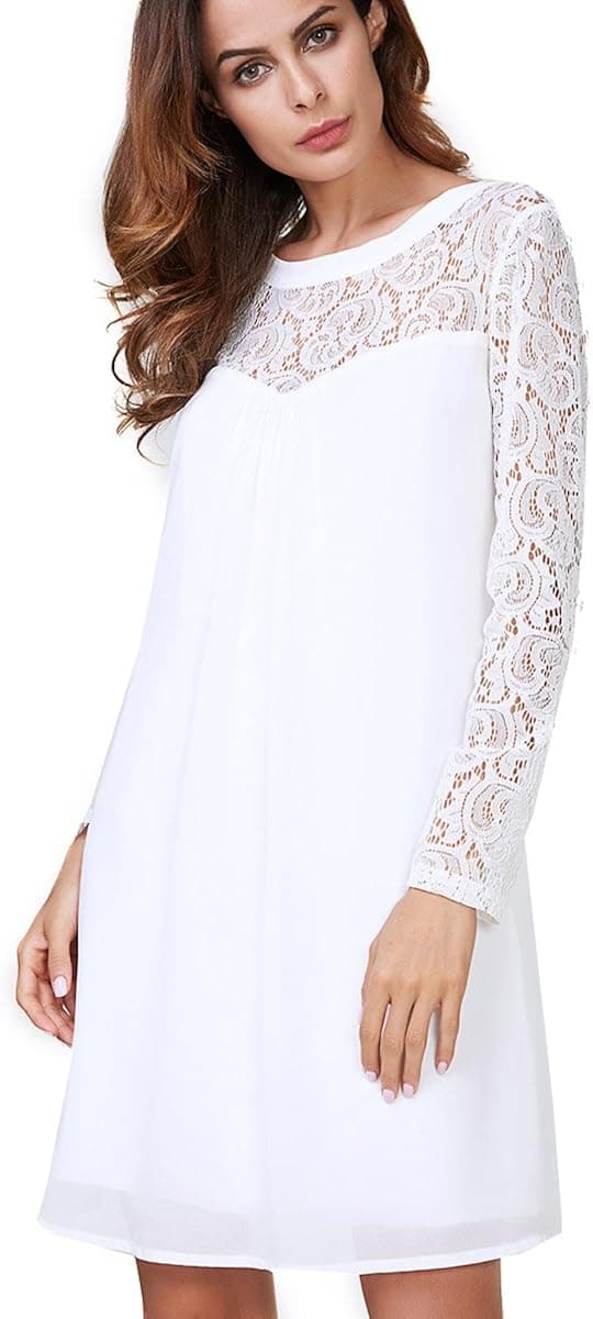 vanberfia Women's Long Sleeve Lace Patchwork Loose Casual Mini Chiffon Dress (XXL, 6558)